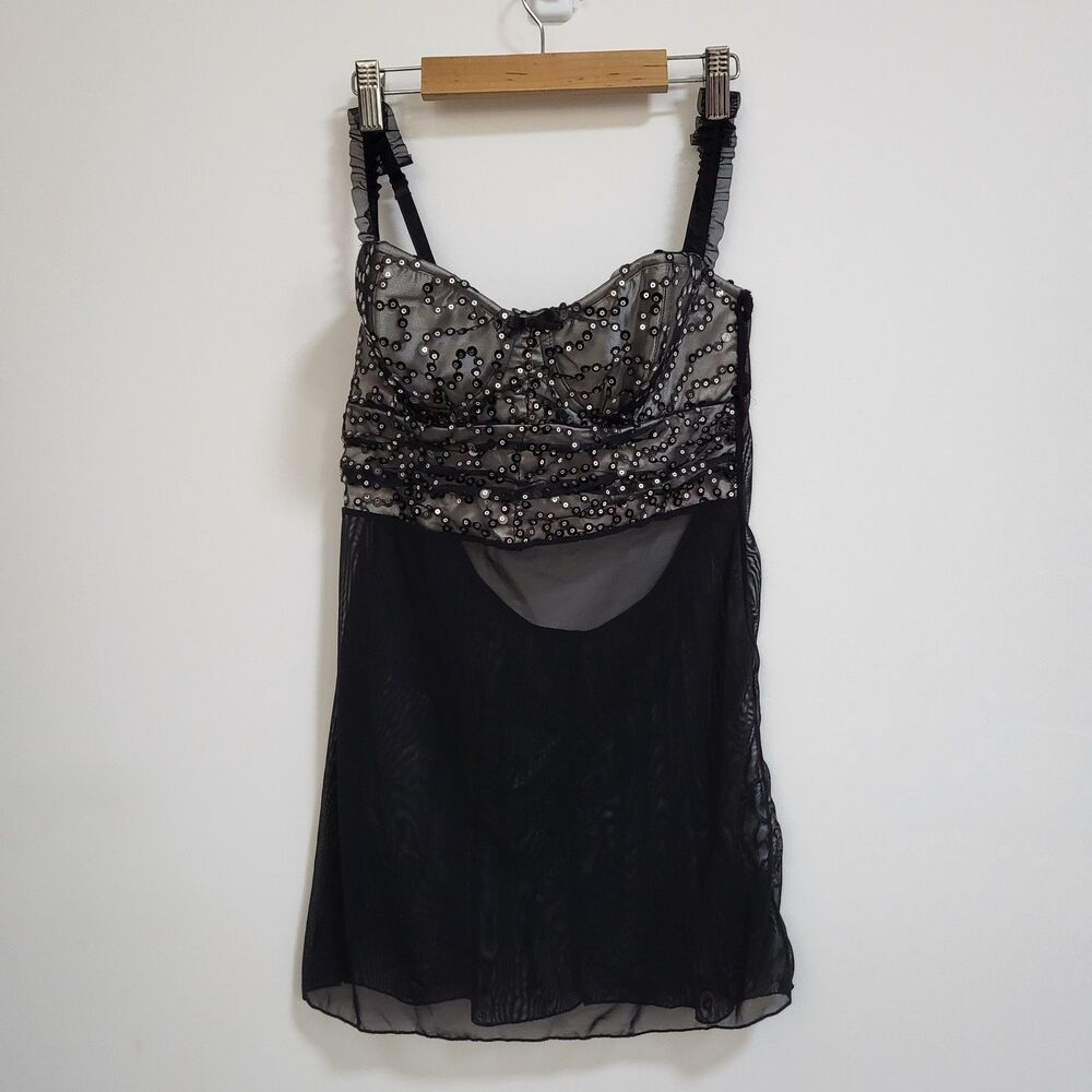 FREDERICKS OF HOLLYWOOD Lingerie Top Womens 34 S Black Mesh Babydoll Sequin